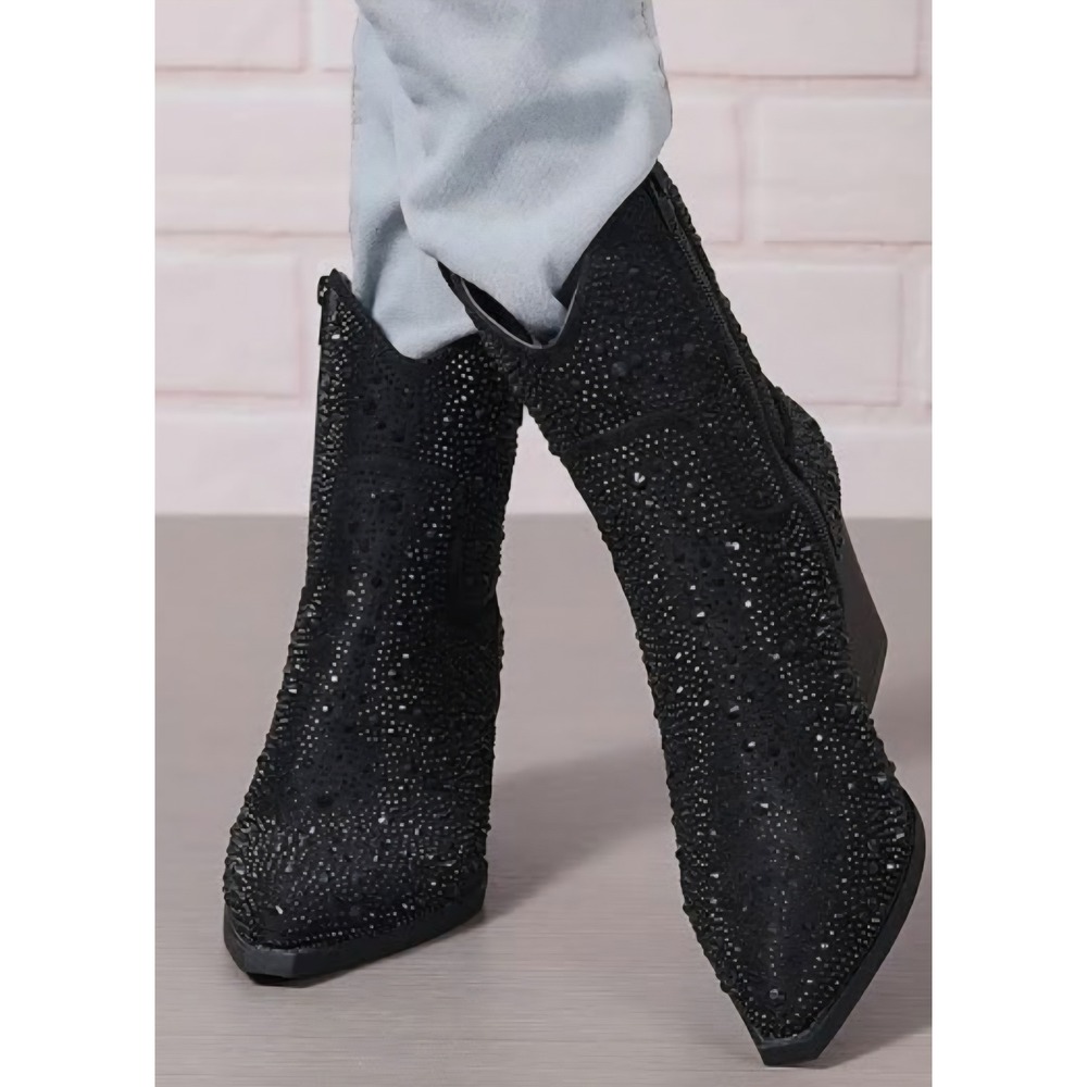 Betsey Johnson Black Rhinestone Embellished Western Ankle‎ Boots Women